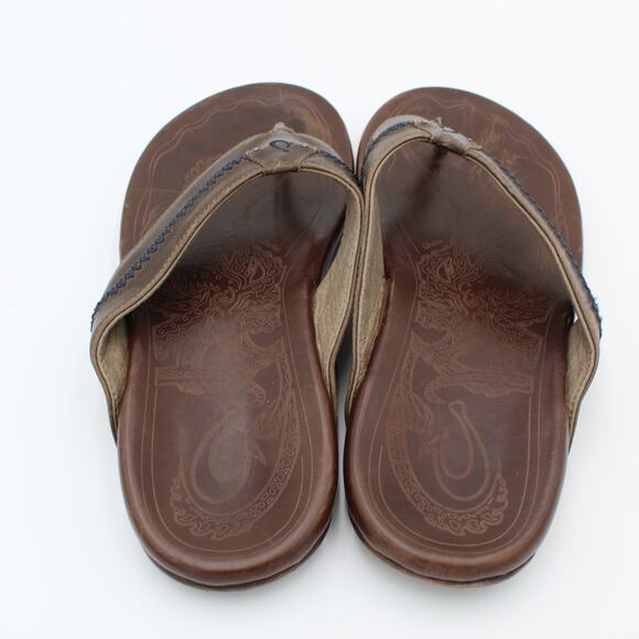 Olukai Mea Ola Leather Flip Flops Mens 12 Brown Comfort Sandals Casual Beach - Picture 4 of 7